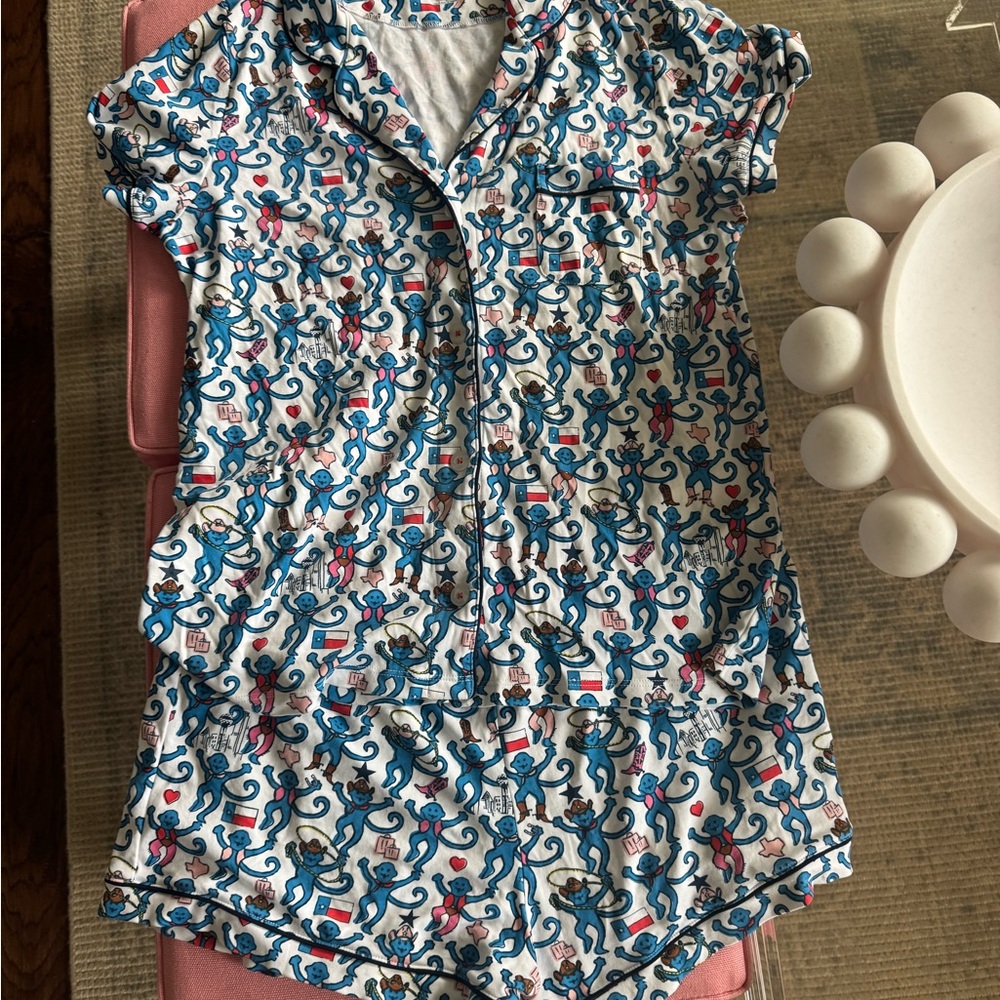 Roller Rabbit Blue and Red Monkey Print Pajama Set
